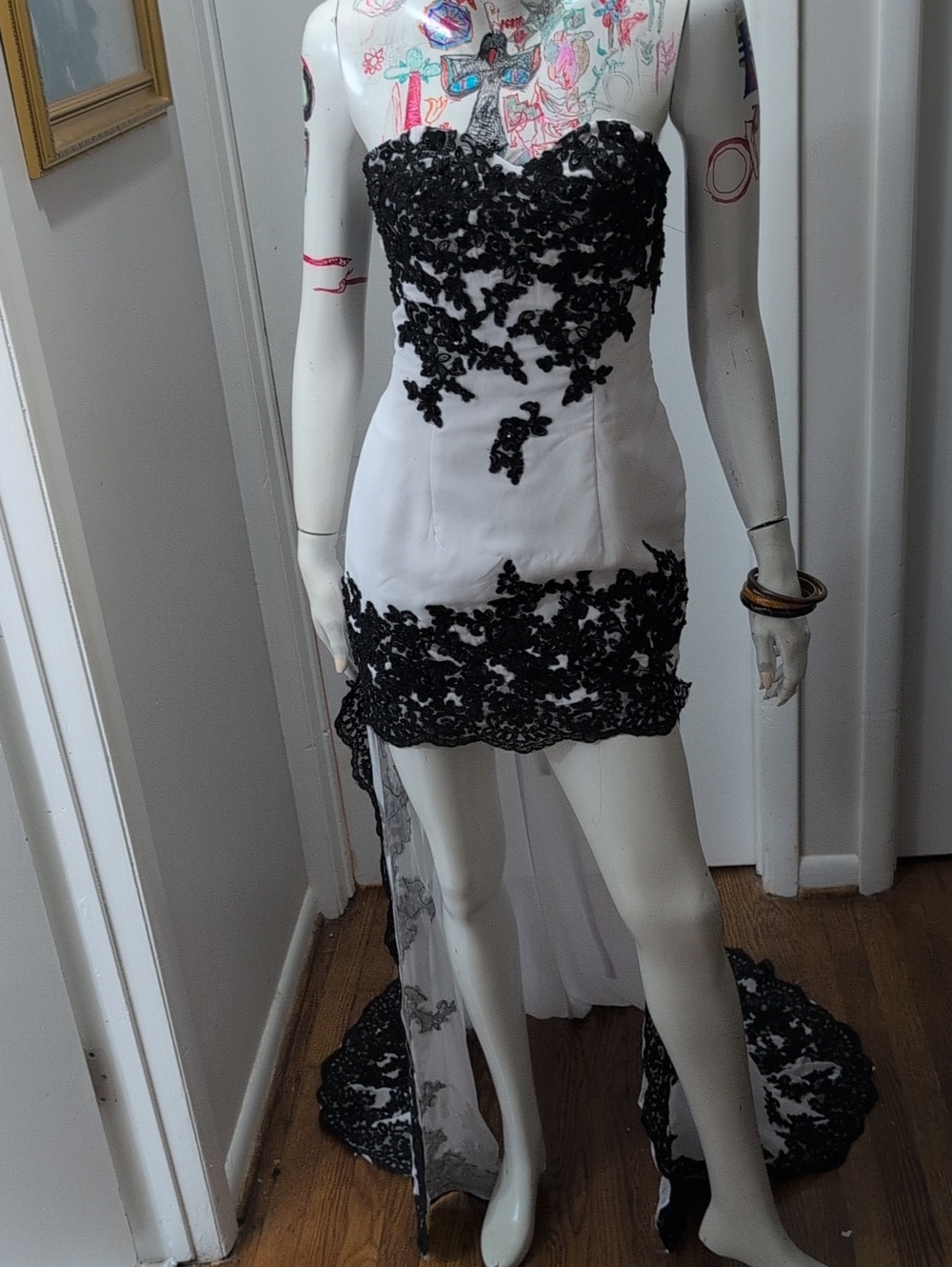 Strapless White High-Low Dress with Black Appliqué